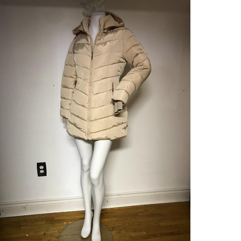 Beige Tan Long Spring Coat Jacket Puffer Removable Hood Faux Fox Fur NWOT Fall